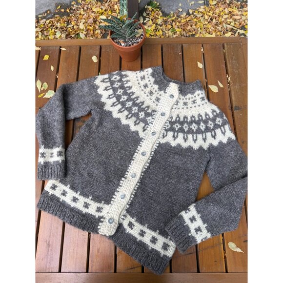 70s Icelandic Wool Lopapeysa Hand Made Lopi Cardigan Nordic Fair Isle Grey Ivory - Picture 1 of 9